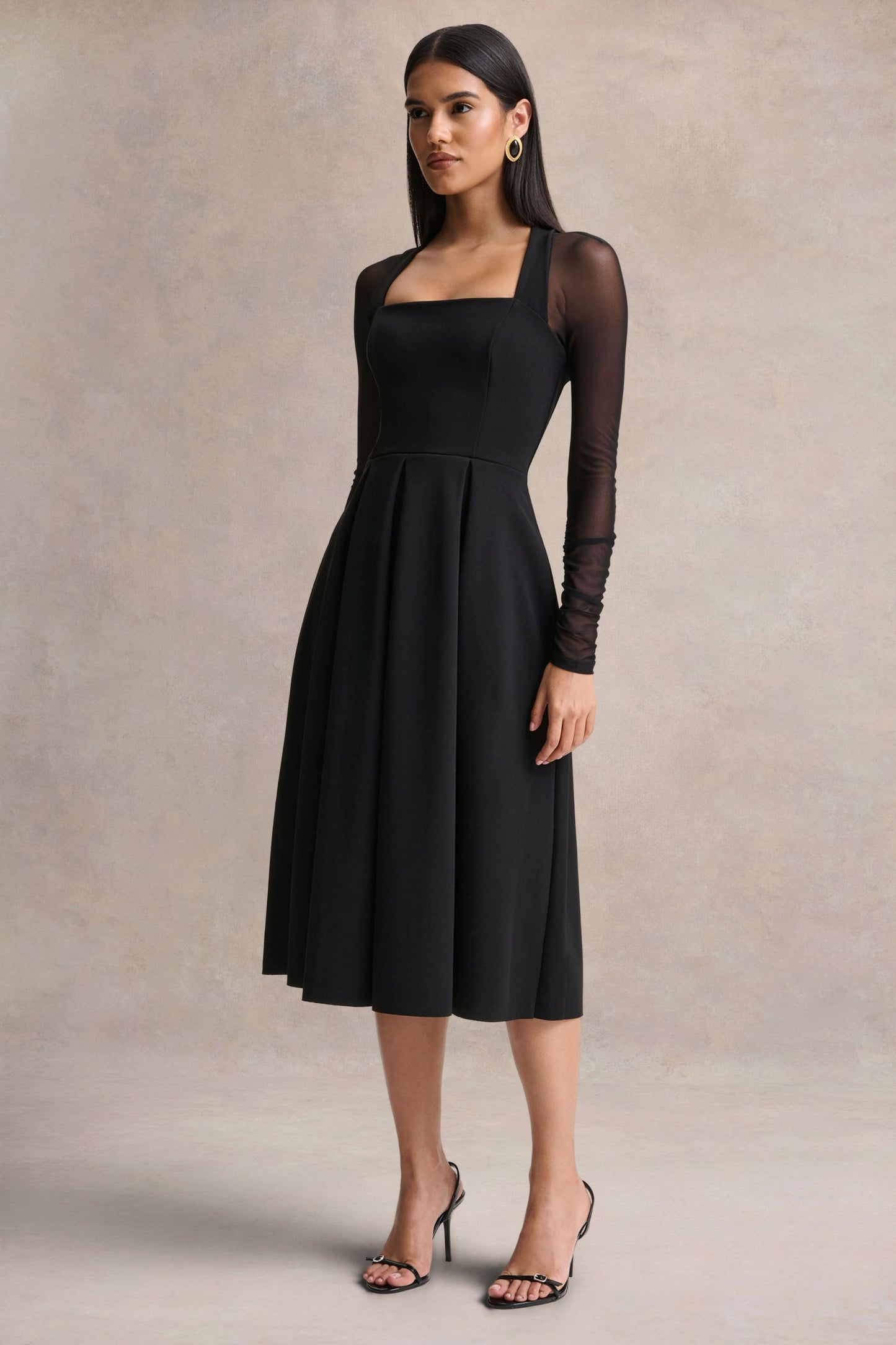 Melinda | Black Square-Neck Midi Dress With Mesh Detailing