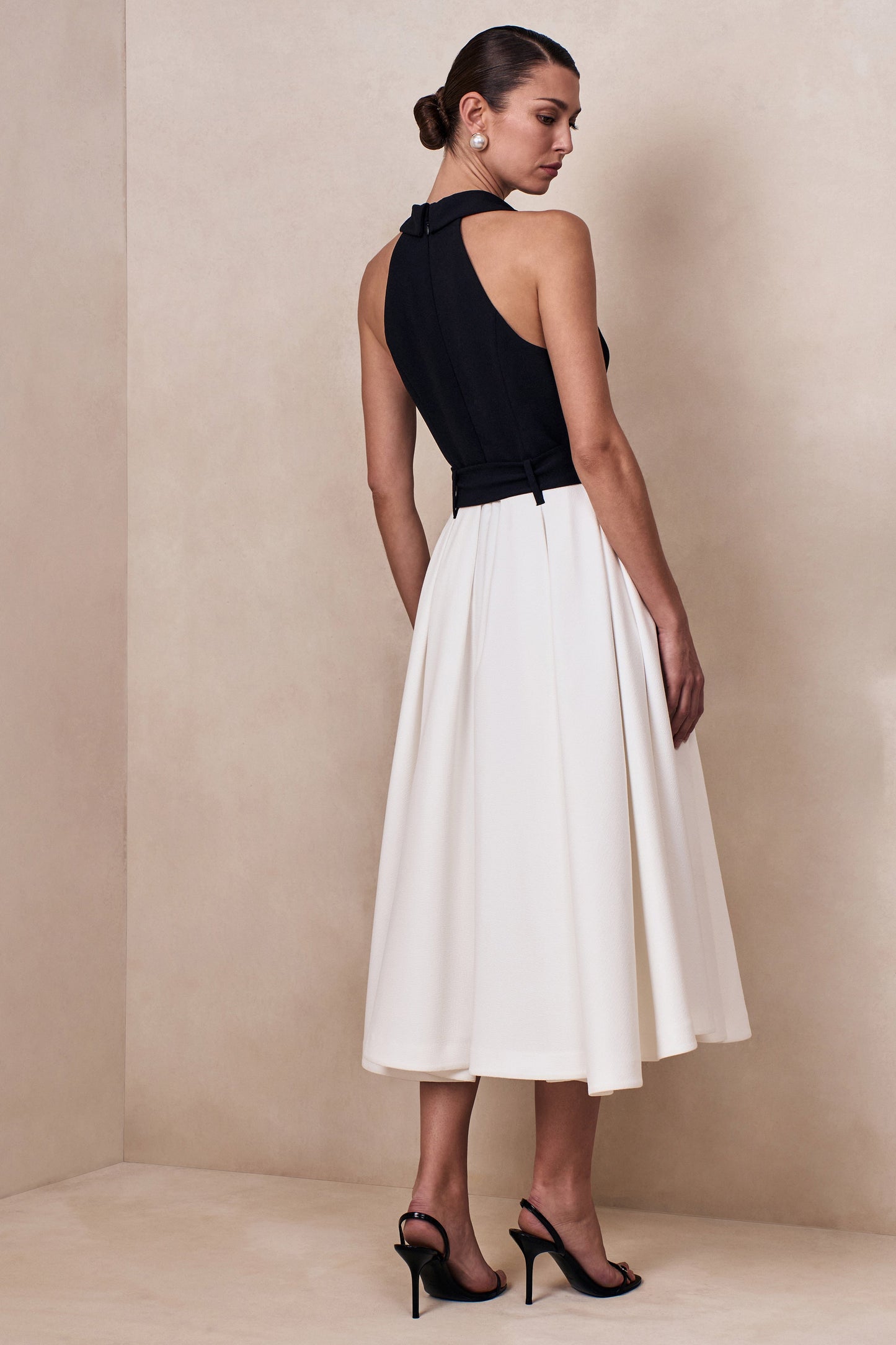 Alessa | Black & White Plunge-Neck Tailored Midi Dress