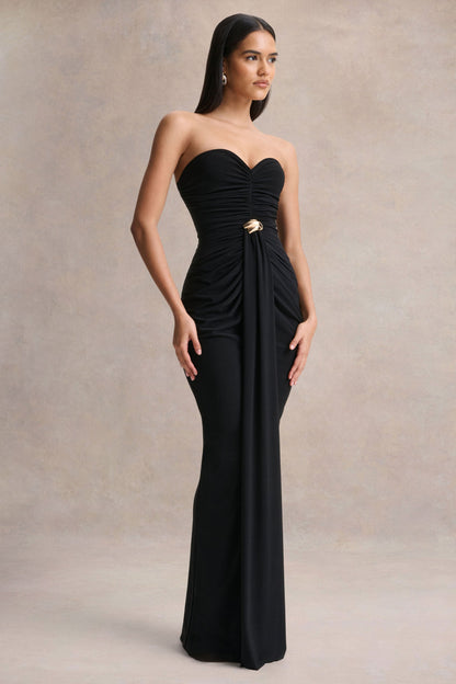 Beverly | Black Bandeau Maxi Dress With Gathered-Detailing