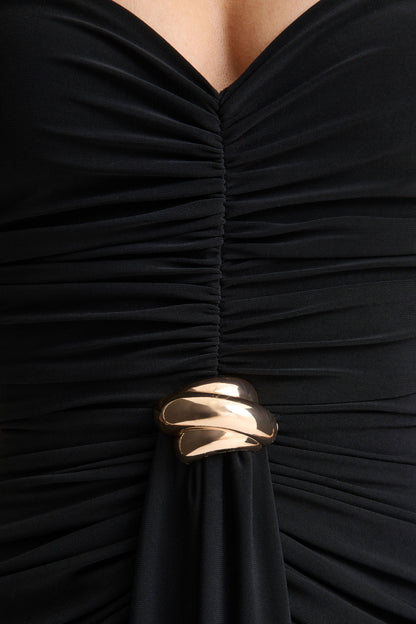 Beverly | Black Bandeau Maxi Dress With Gathered-Detailing
