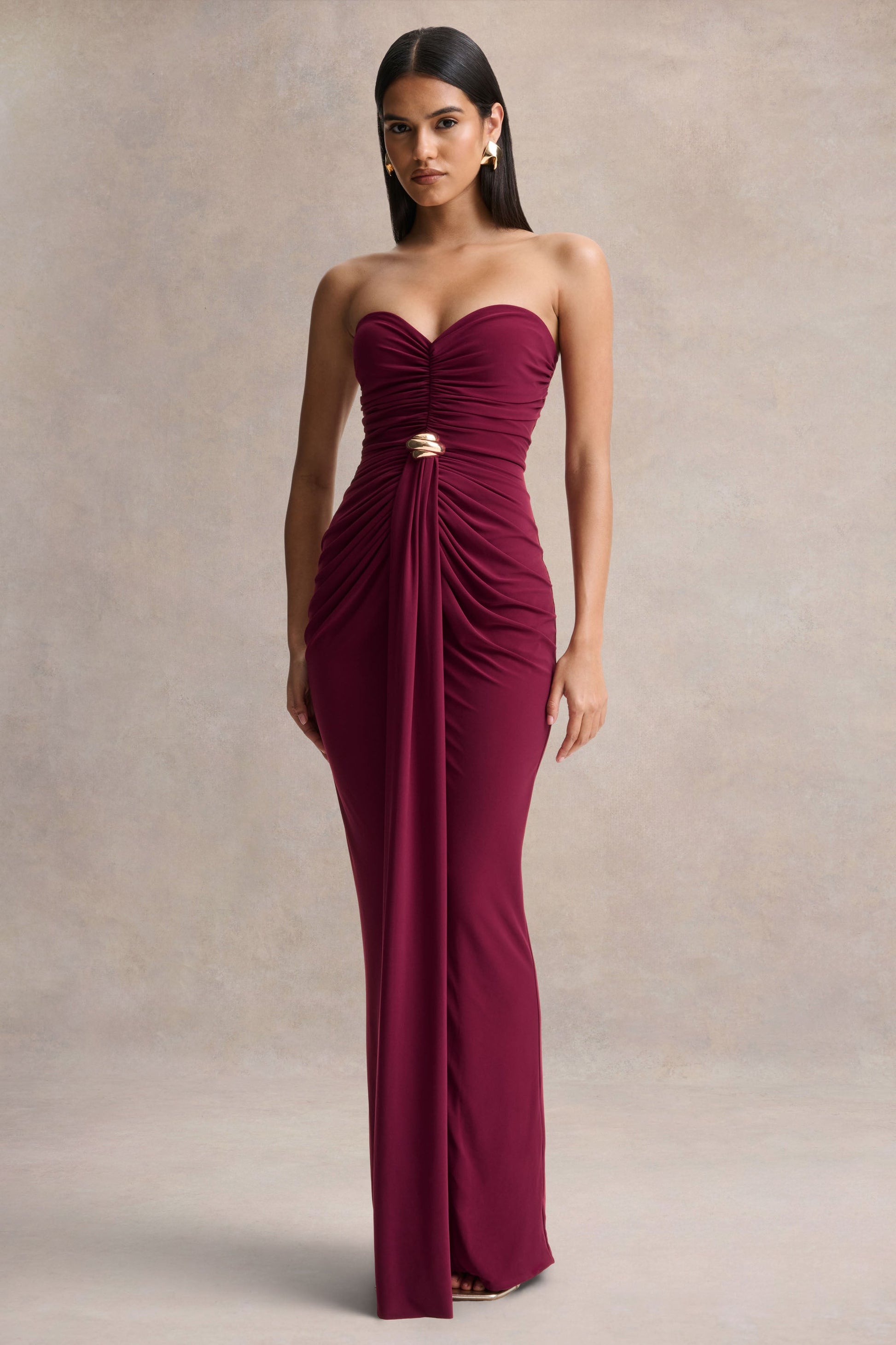 Beverly | Burgundy Bandeau Maxi Dress With Gathered-Detailing