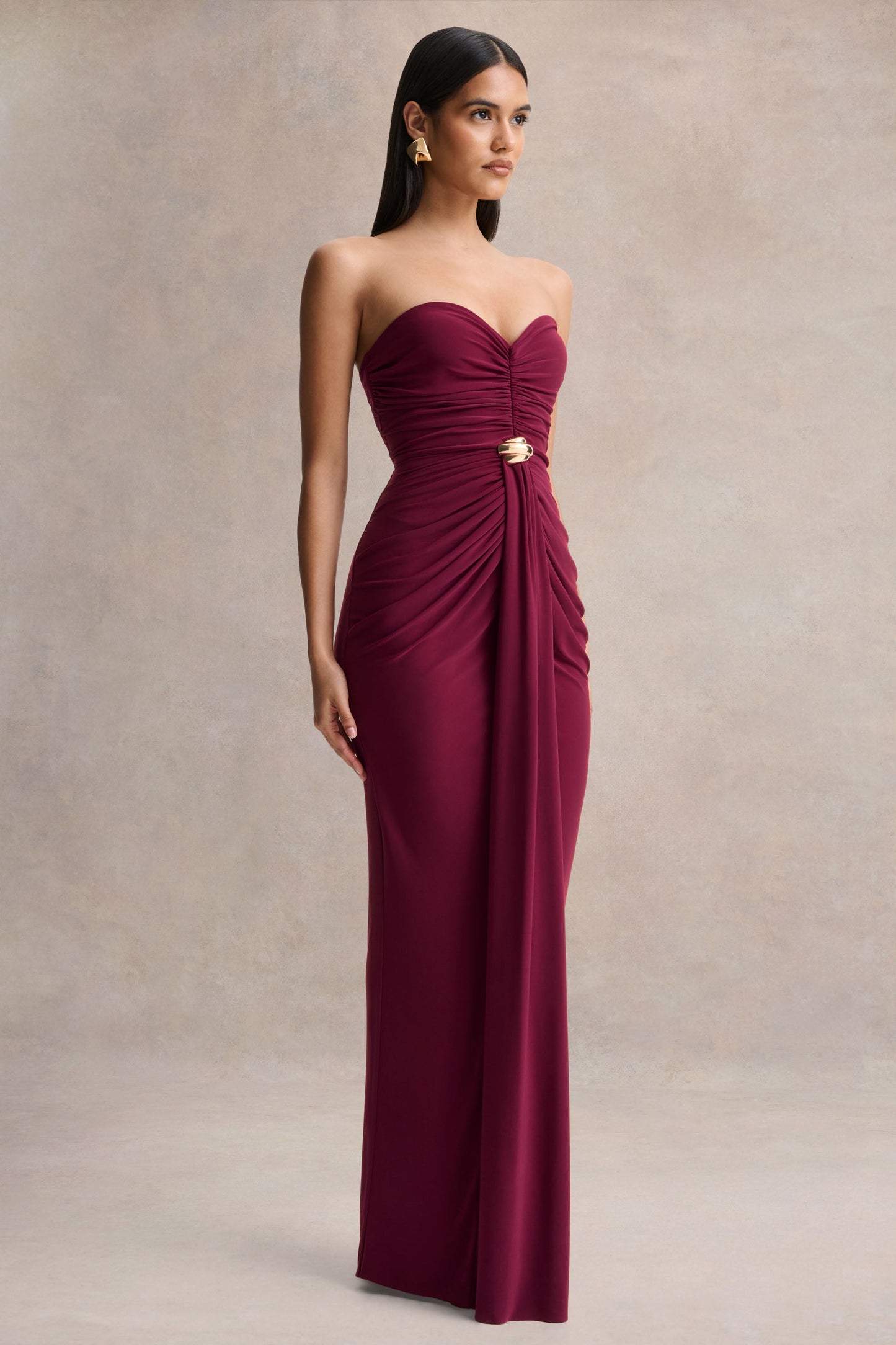 Beverly | Burgundy Bandeau Maxi Dress With Gathered-Detailing