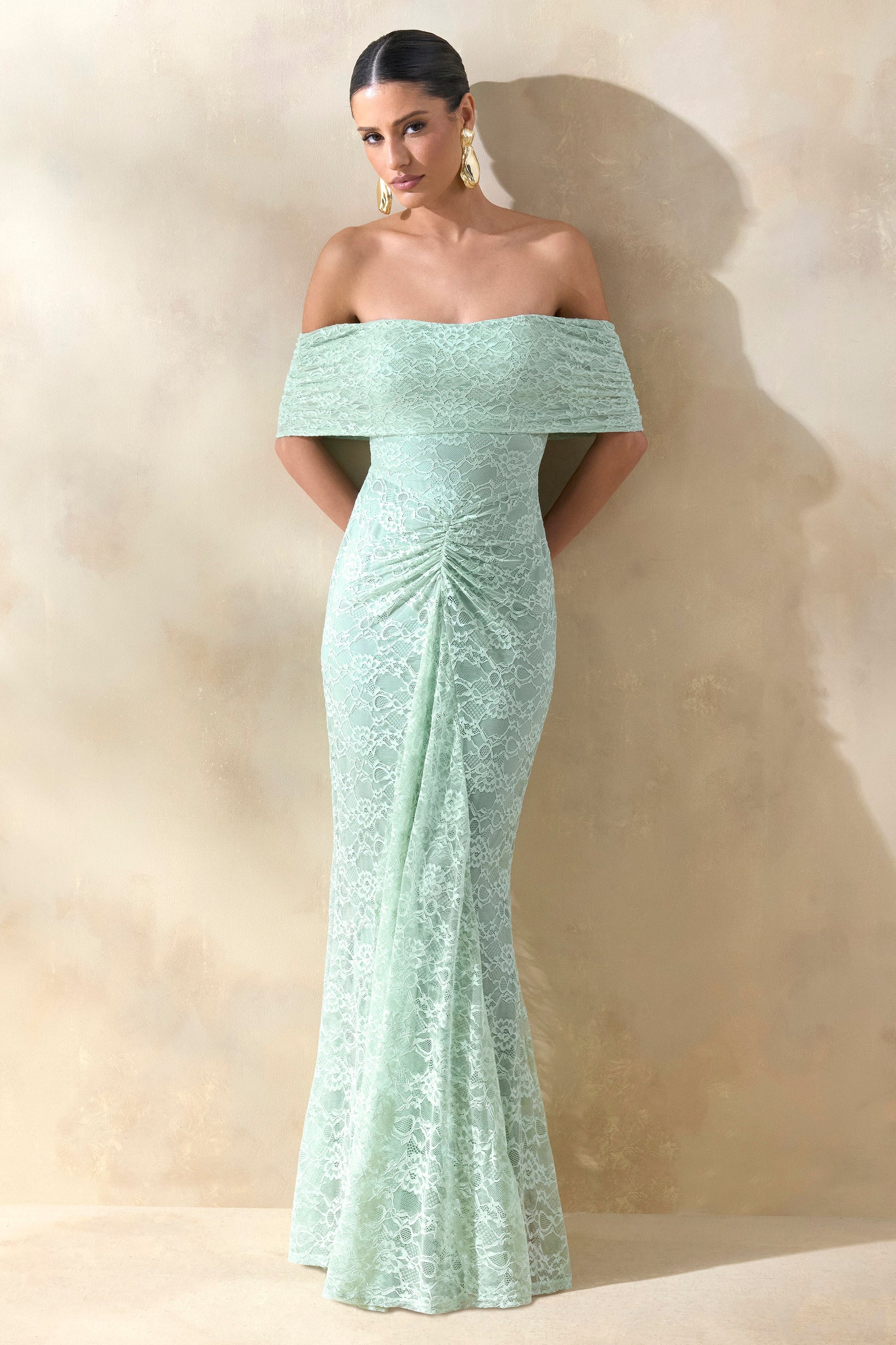 Elinor | Sage Lace Bardot-Neck Maxi Dress With Gathered-Detailing