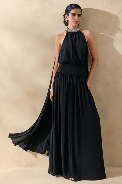 Marie | Black Halter-Neck Maxi Dress With Embellished Detailing