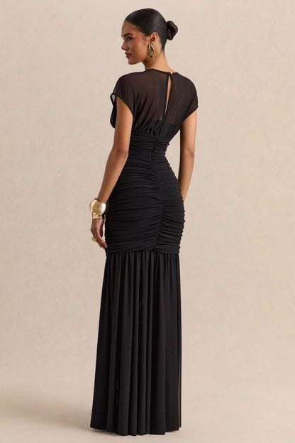 Kalene | Black Wide-Neck Maxi Dress With Sheer-Detailing