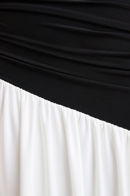 Danila | Black And White Asymmetric-Neck Maxi Dress With Drop-Waist