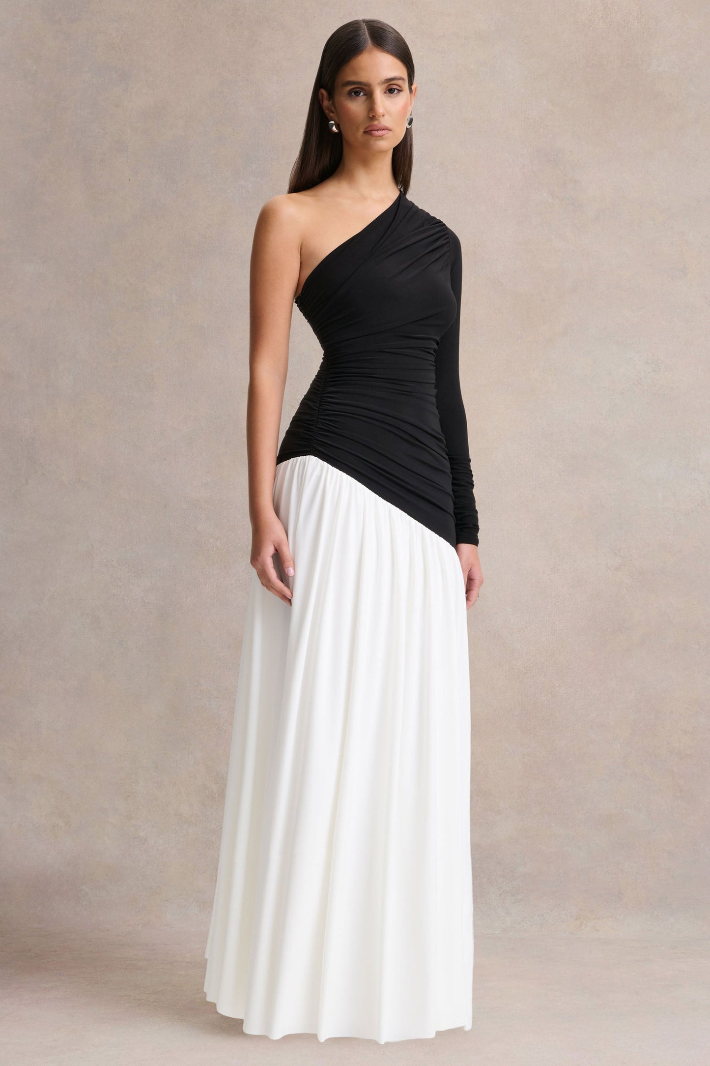 Danila | Black And White Asymmetric-Neck Maxi Dress With Drop-Waist