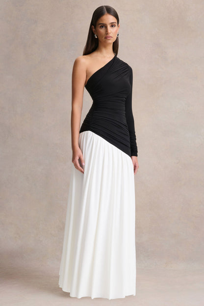 Danila | Black And White Asymmetric-Neck Maxi Dress With Drop-Waist