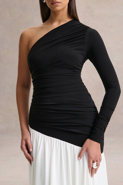 Danila | Black And White Asymmetric-Neck Maxi Dress With Drop-Waist