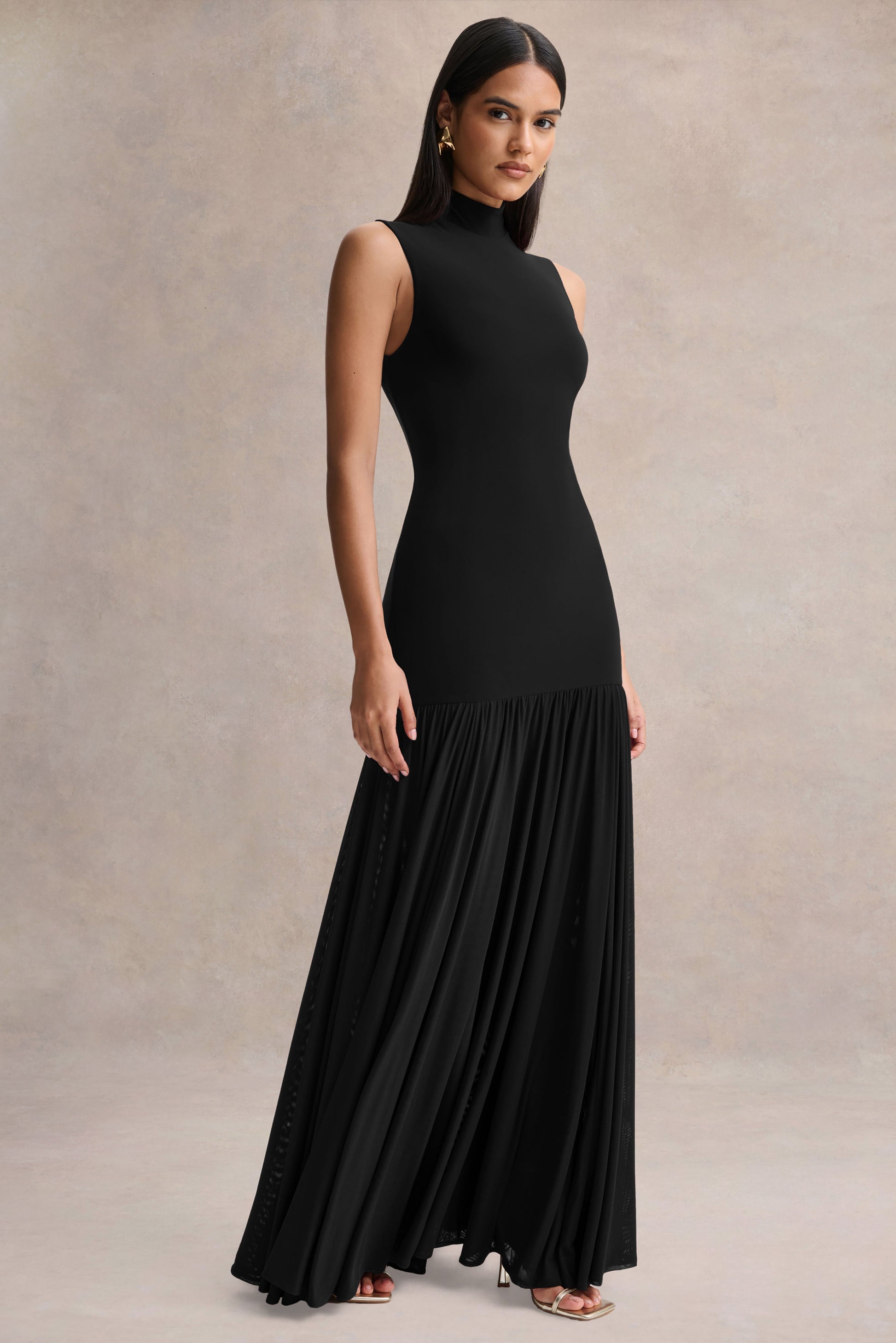 Gigi | Black High-Neck Maxi Dress With Drop-Waist And Sheer Skirt