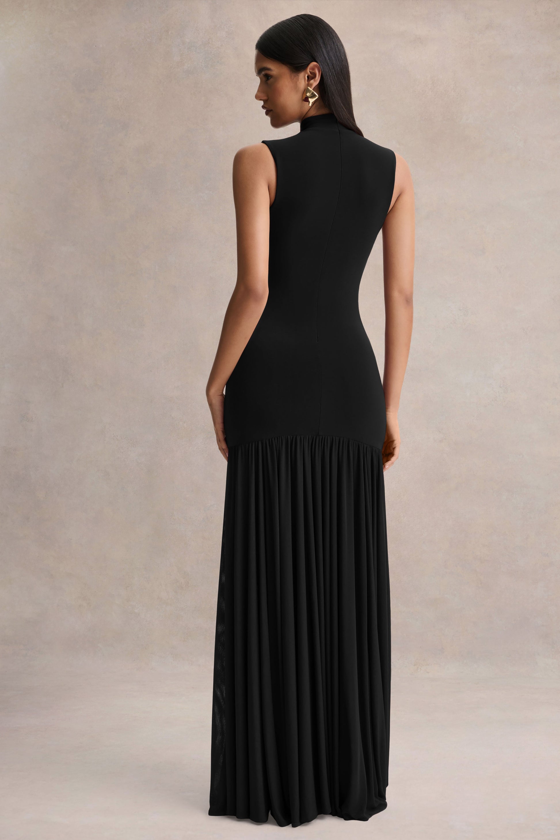Gigi | Black High-Neck Maxi Dress With Drop-Waist And Sheer Skirt