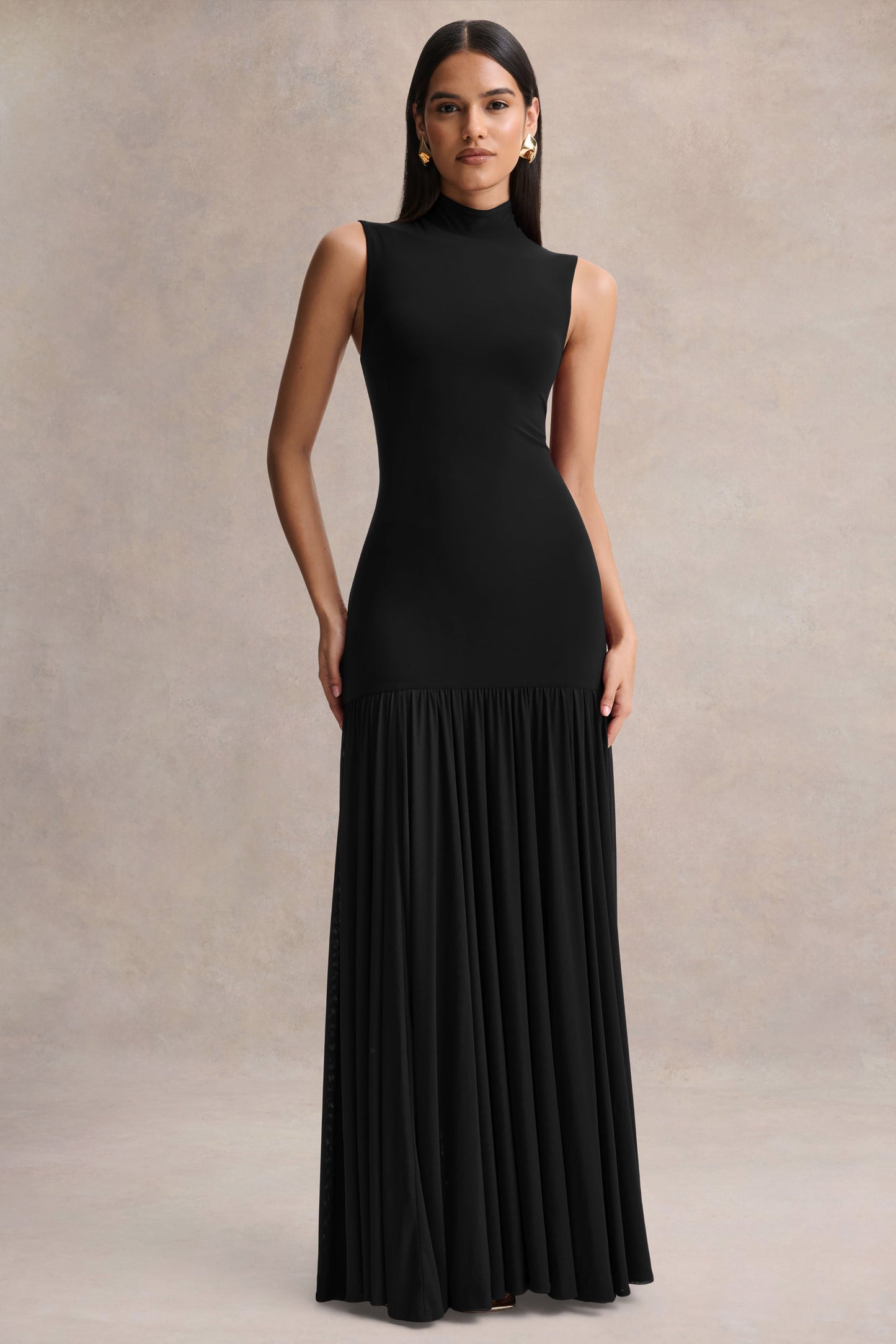 Gigi | Black High-Neck Maxi Dress With Drop-Waist And Sheer Skirt