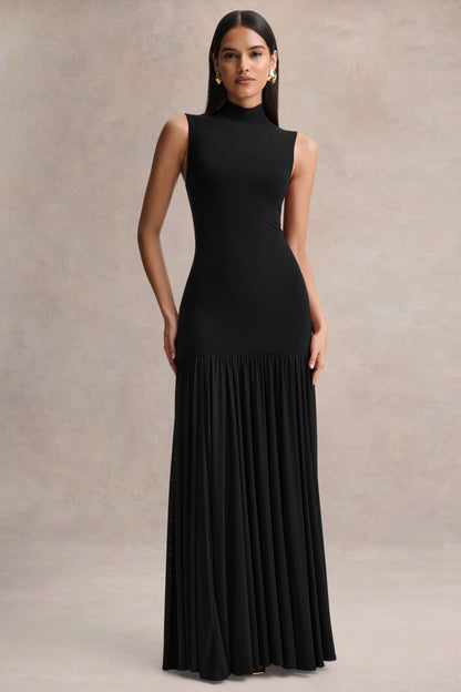 Gigi | Black High-Neck Maxi Dress With Drop-Waist And Sheer Skirt