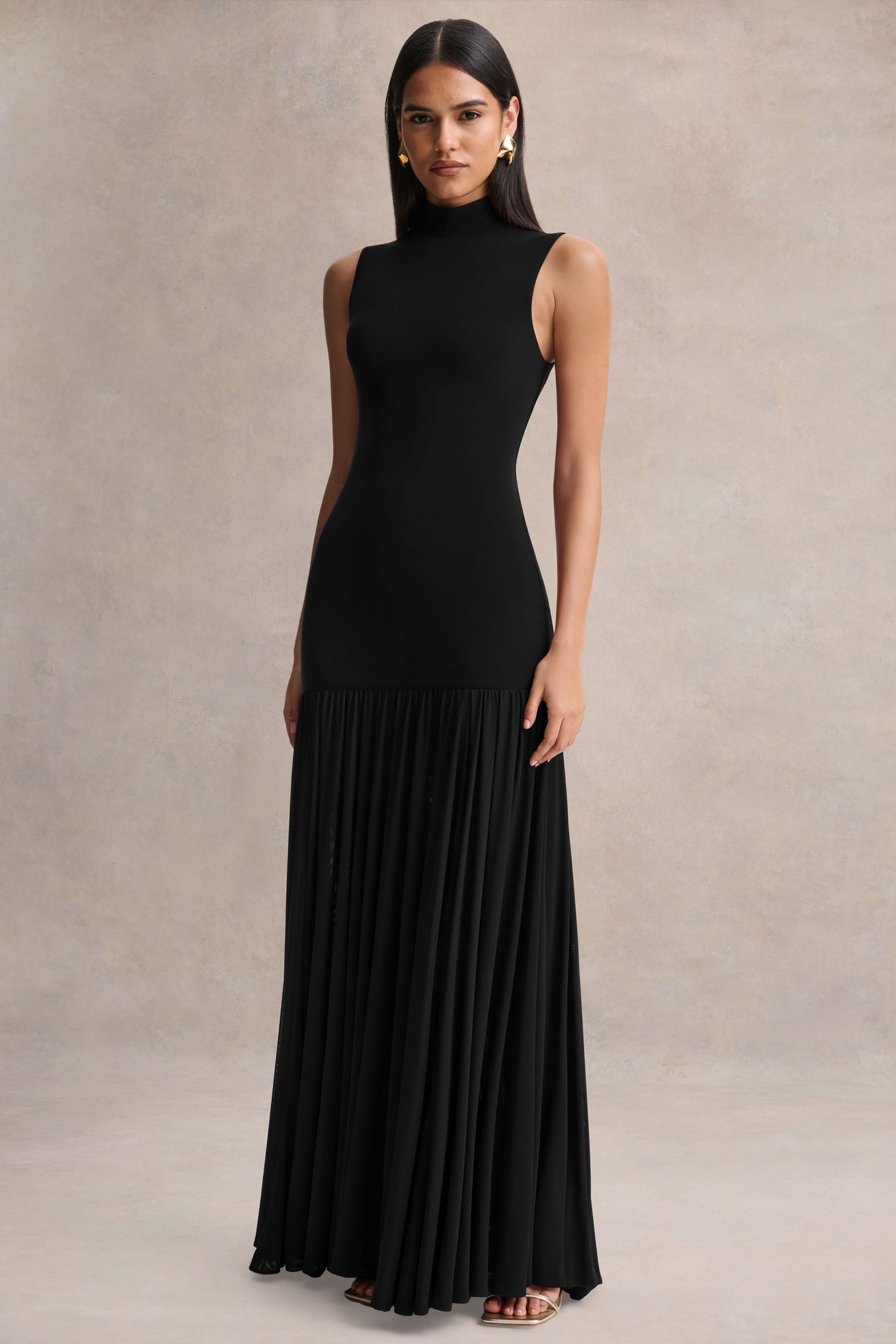 Gigi | Black High-Neck Maxi Dress With Drop-Waist And Sheer Skirt