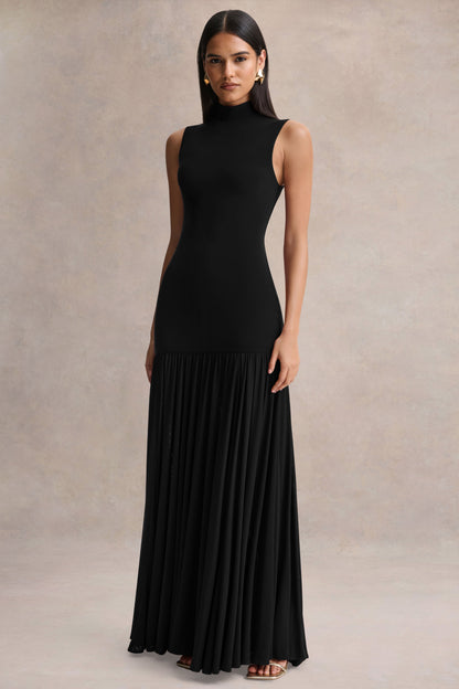 Gigi | Black High-Neck Maxi Dress With Drop-Waist And Sheer Skirt