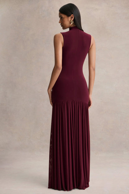 Gigi | Burgundy High-Neck Maxi Dress With Drop-Waist And Sheer Skirt
