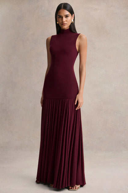 Gigi | Burgundy High-Neck Maxi Dress With Drop-Waist And Sheer Skirt