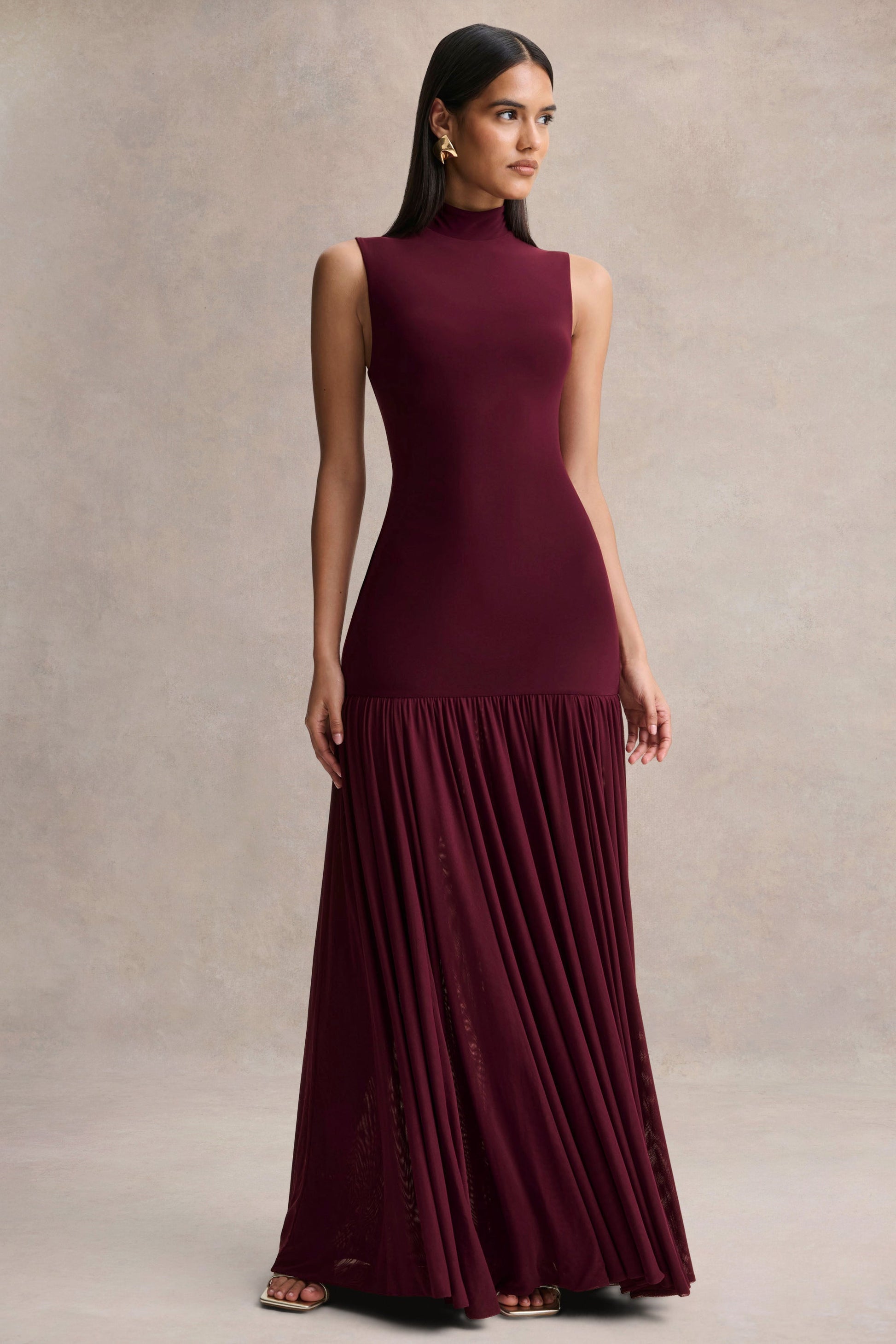 Gigi | Burgundy High-Neck Maxi Dress With Drop-Waist And Sheer Skirt