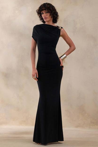 Blaire | Black Asymmetric-Neck Maxi Dress With Gold-Detailing