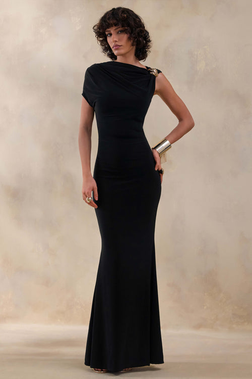Blaire | Black Asymmetric-Neck Maxi Dress With Gold-Detailing