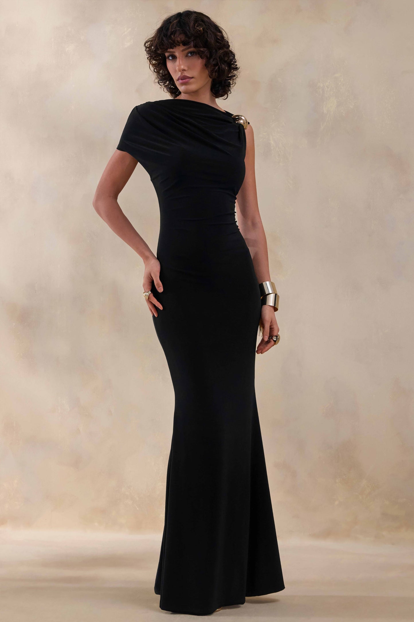 Blaire | Black Asymmetric-Neck Maxi Dress With Gold-Detailing