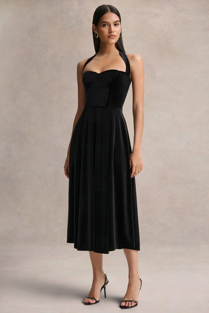 Esmeray | Black Velvet Sweetheart-Neck Midi Dress