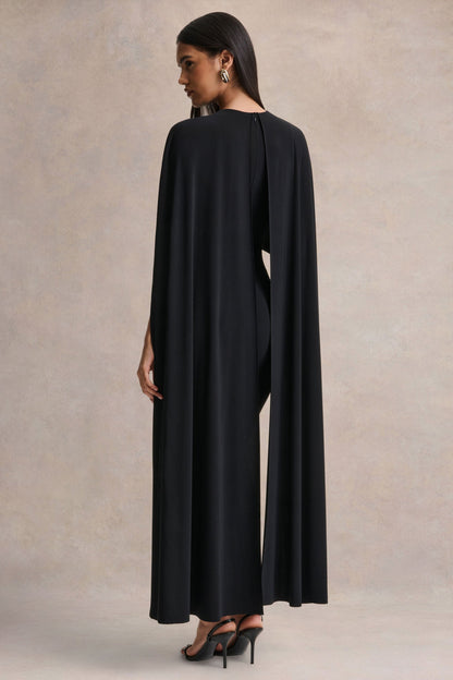 Kalani | Black Crew-Neck Midi Dress With Cape-Sleeves