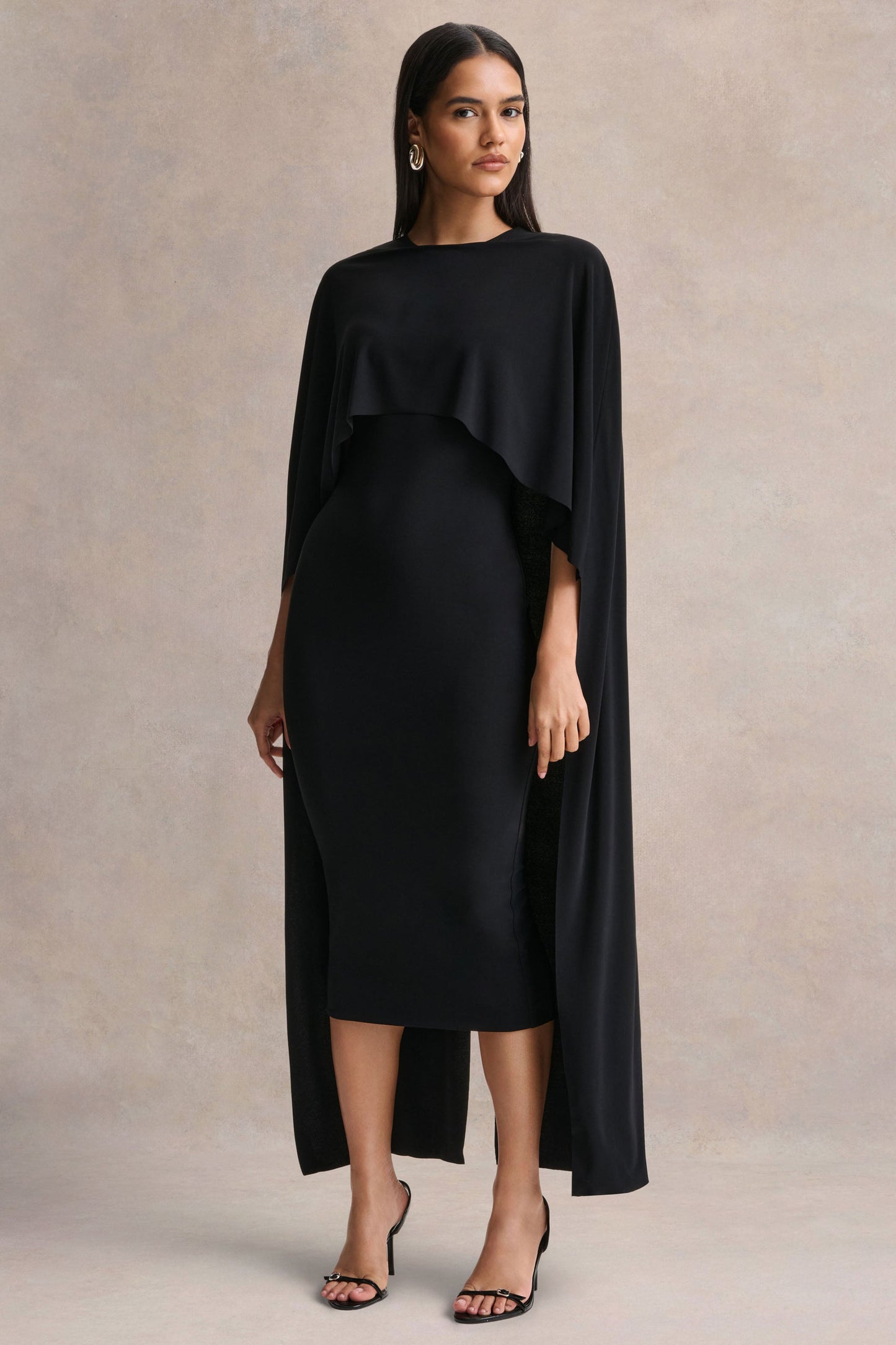Kalani | Black Crew-Neck Midi Dress With Cape-Sleeves