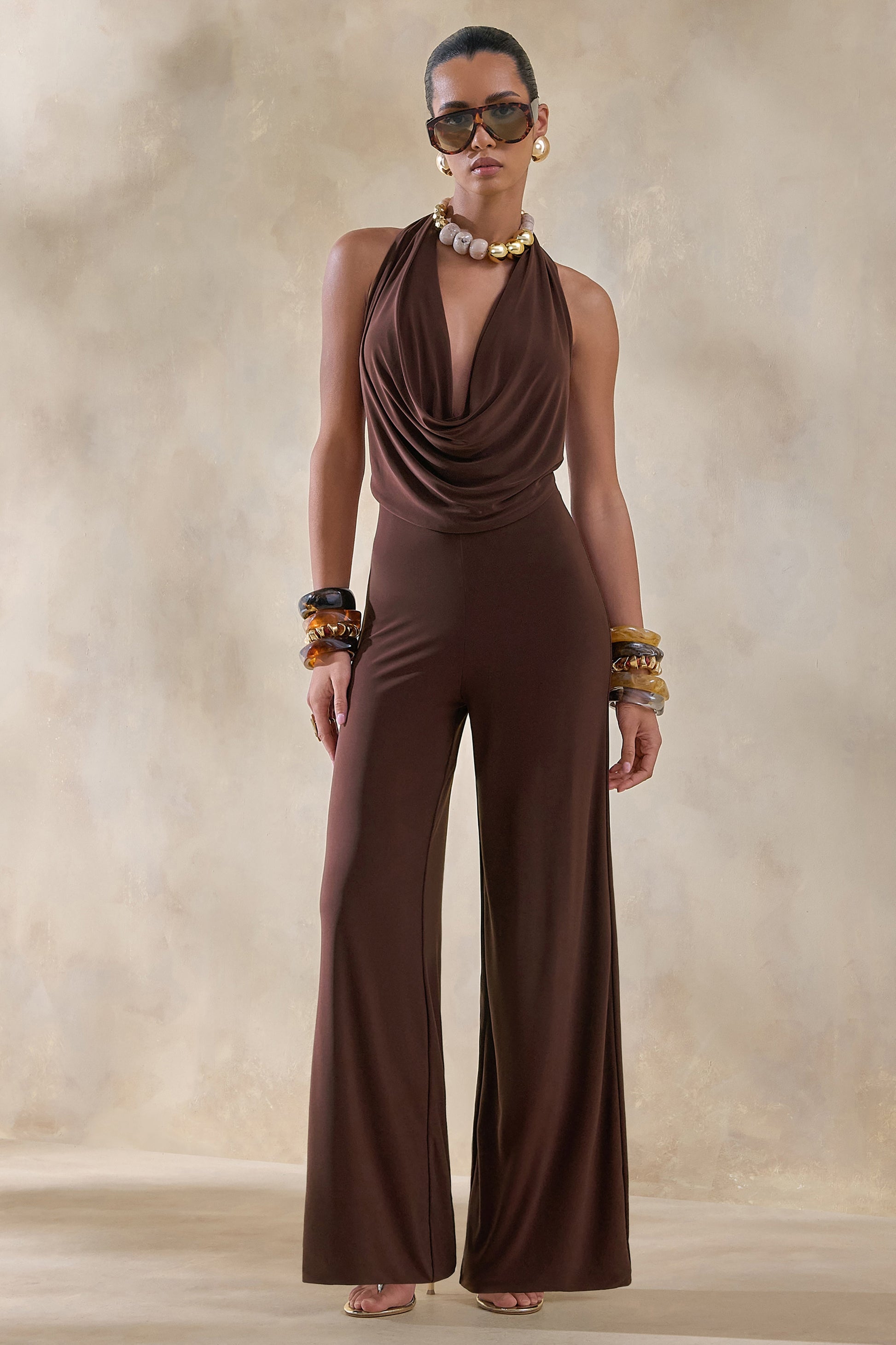 Clemence | Brown Plunge-Neck Jumpsuit