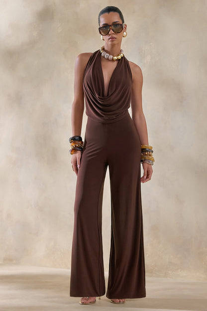 Clemence | Brown Plunge-Neck Jumpsuit