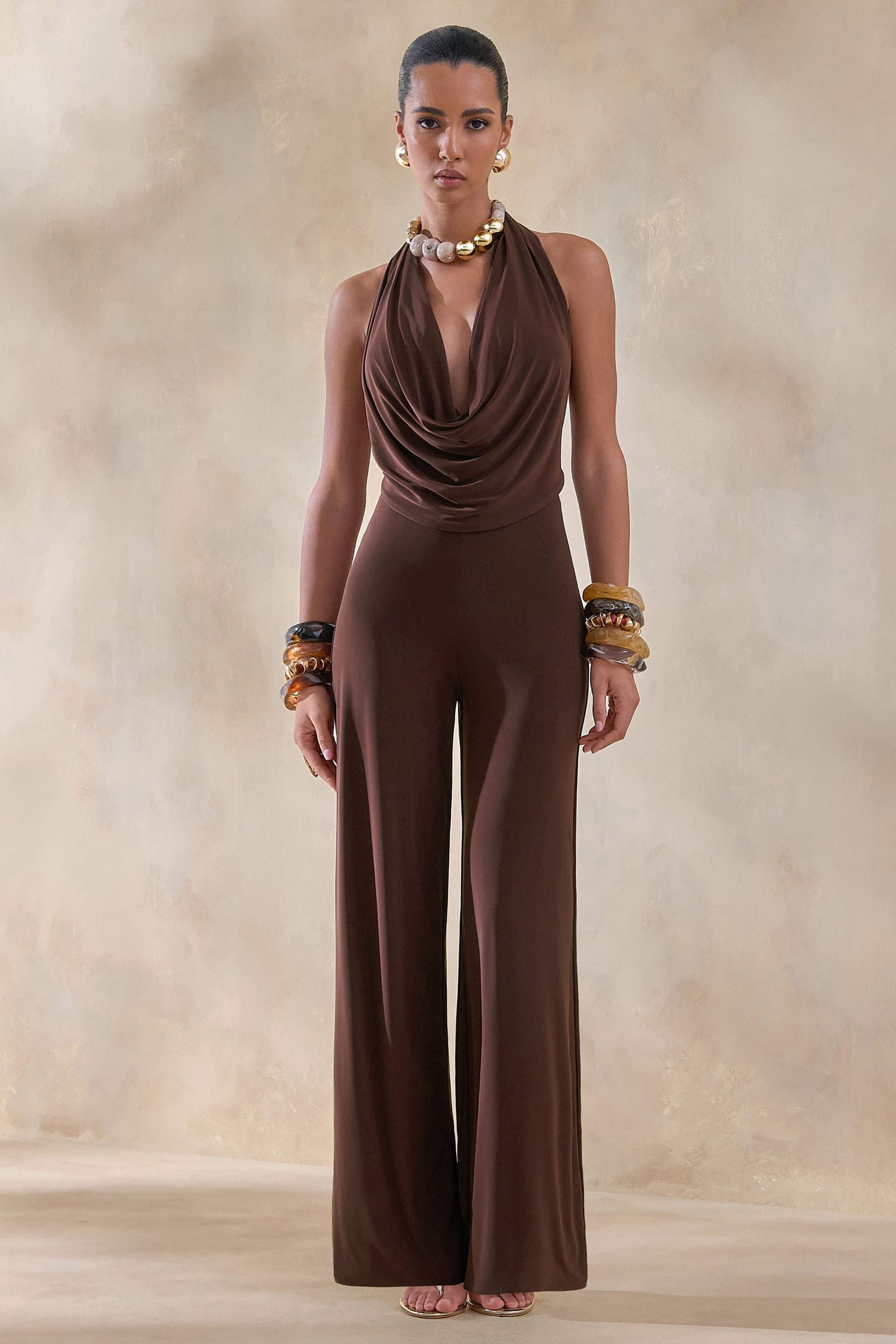 Clemence | Brown Plunge-Neck Jumpsuit
