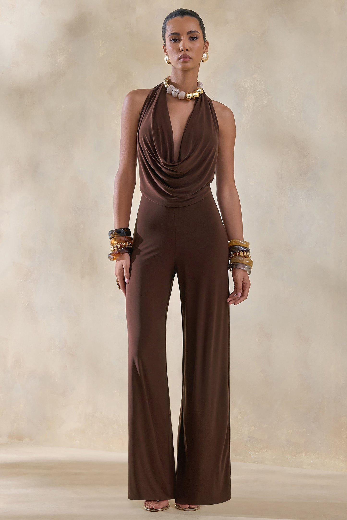 Clemence | Brown Plunge-Neck Jumpsuit