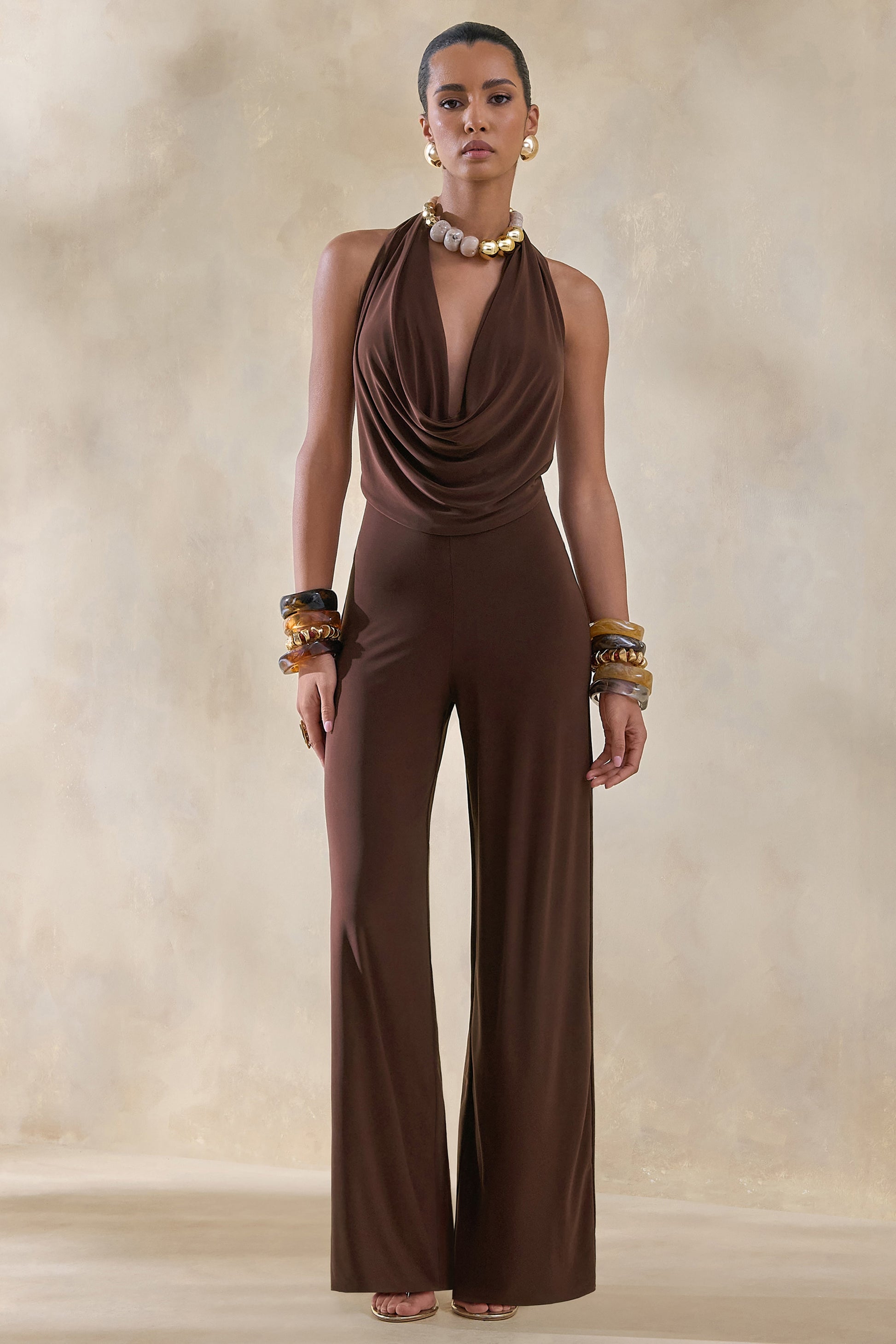 Clemence | Brown Plunge-Neck Jumpsuit