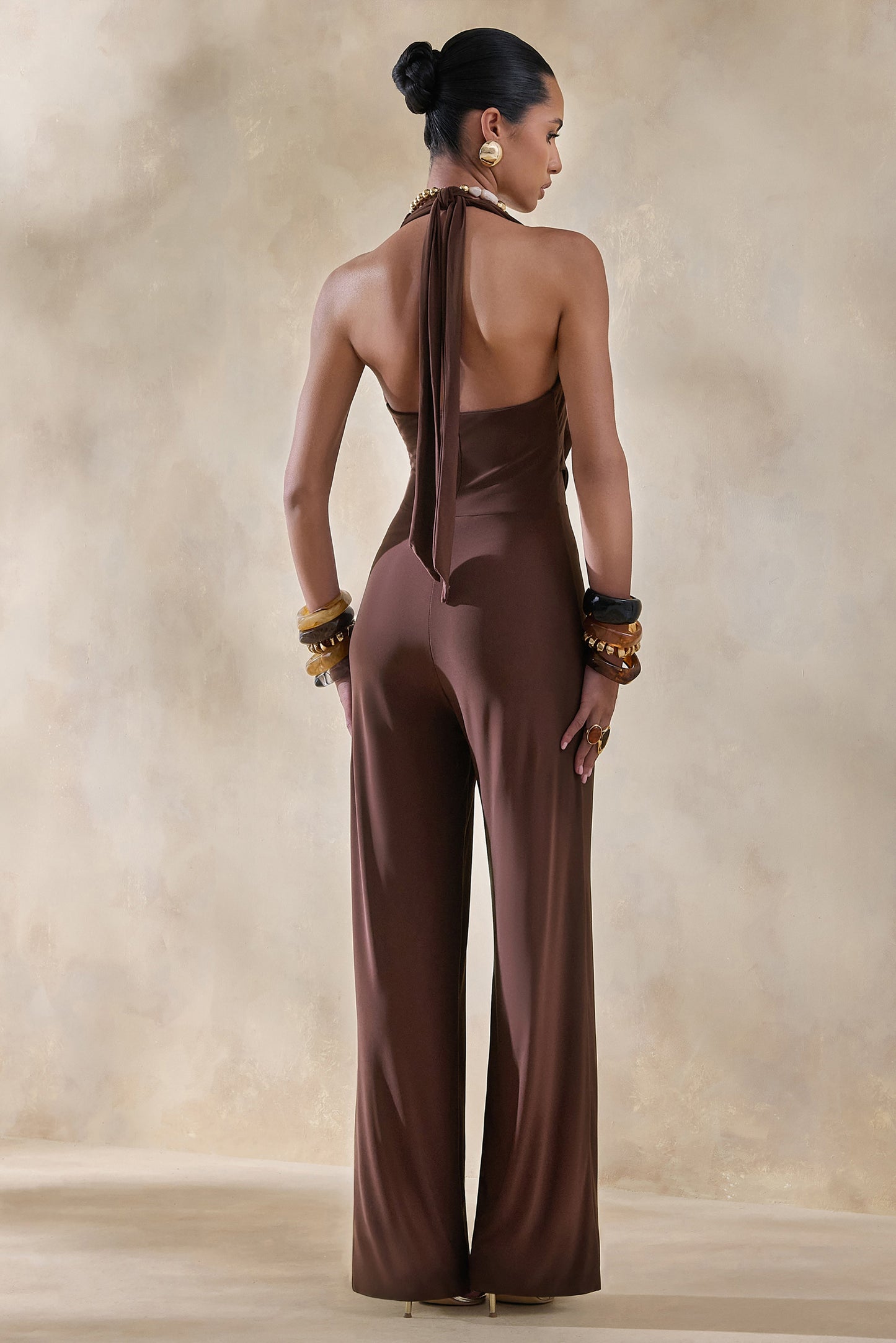 Clemence | Brown Plunge-Neck Jumpsuit