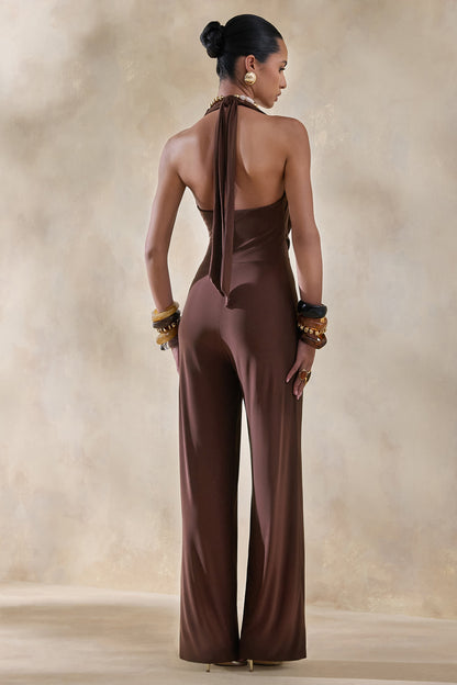 Clemence | Brown Plunge-Neck Jumpsuit