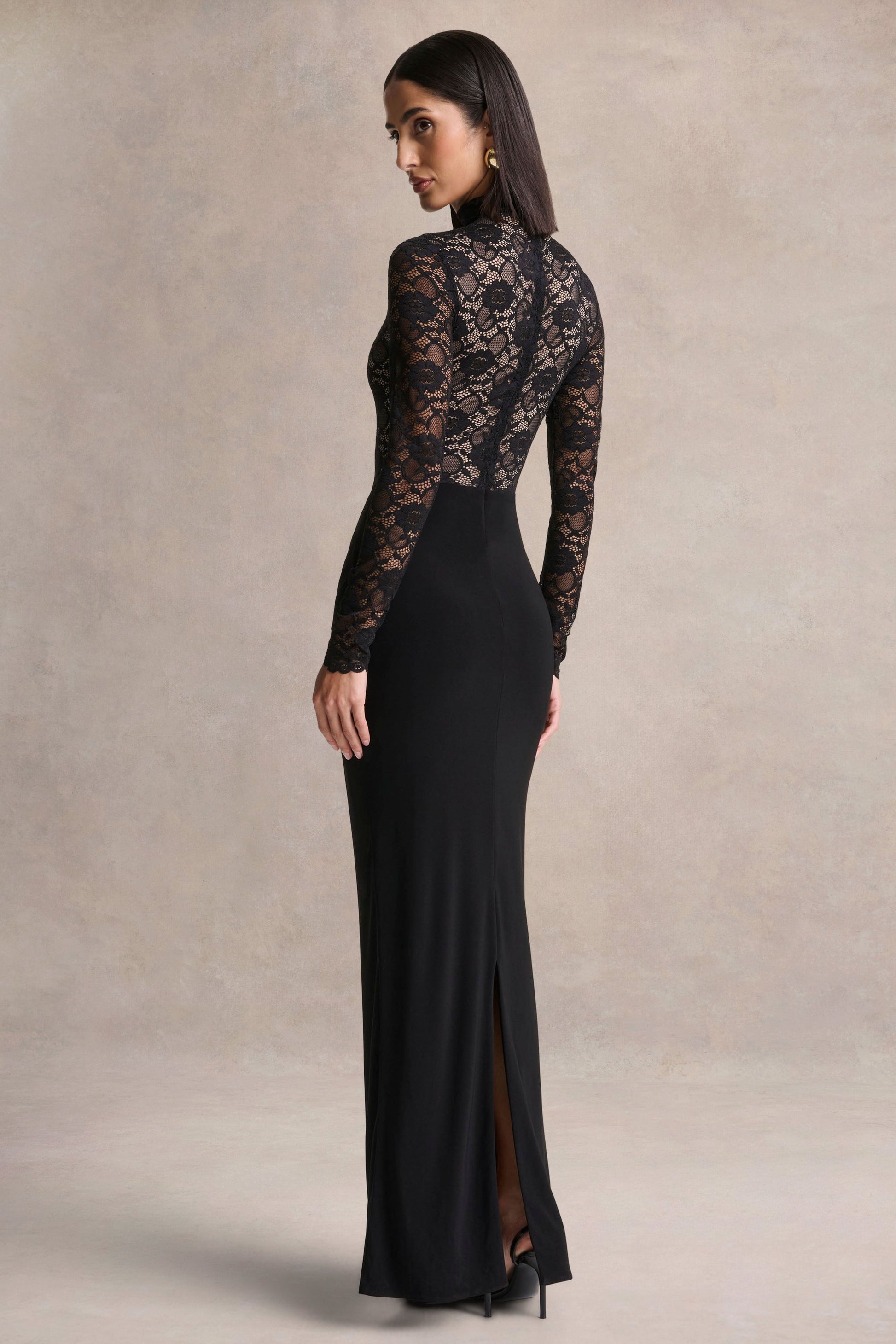 Justina | Black High-Neck Maxi Dress With Gathered-Detailing