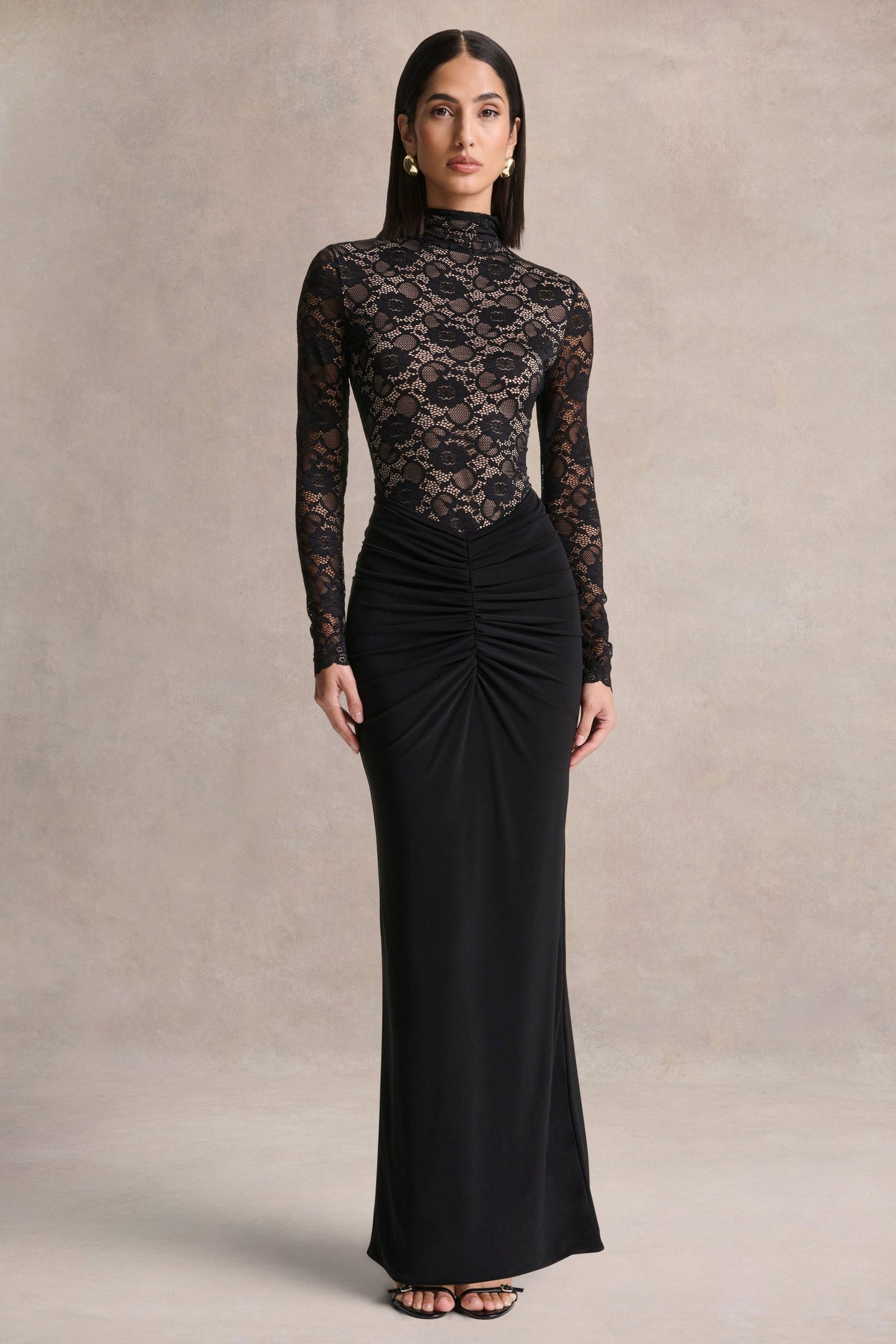 Justina | Black High-Neck Maxi Dress With Gathered-Detailing