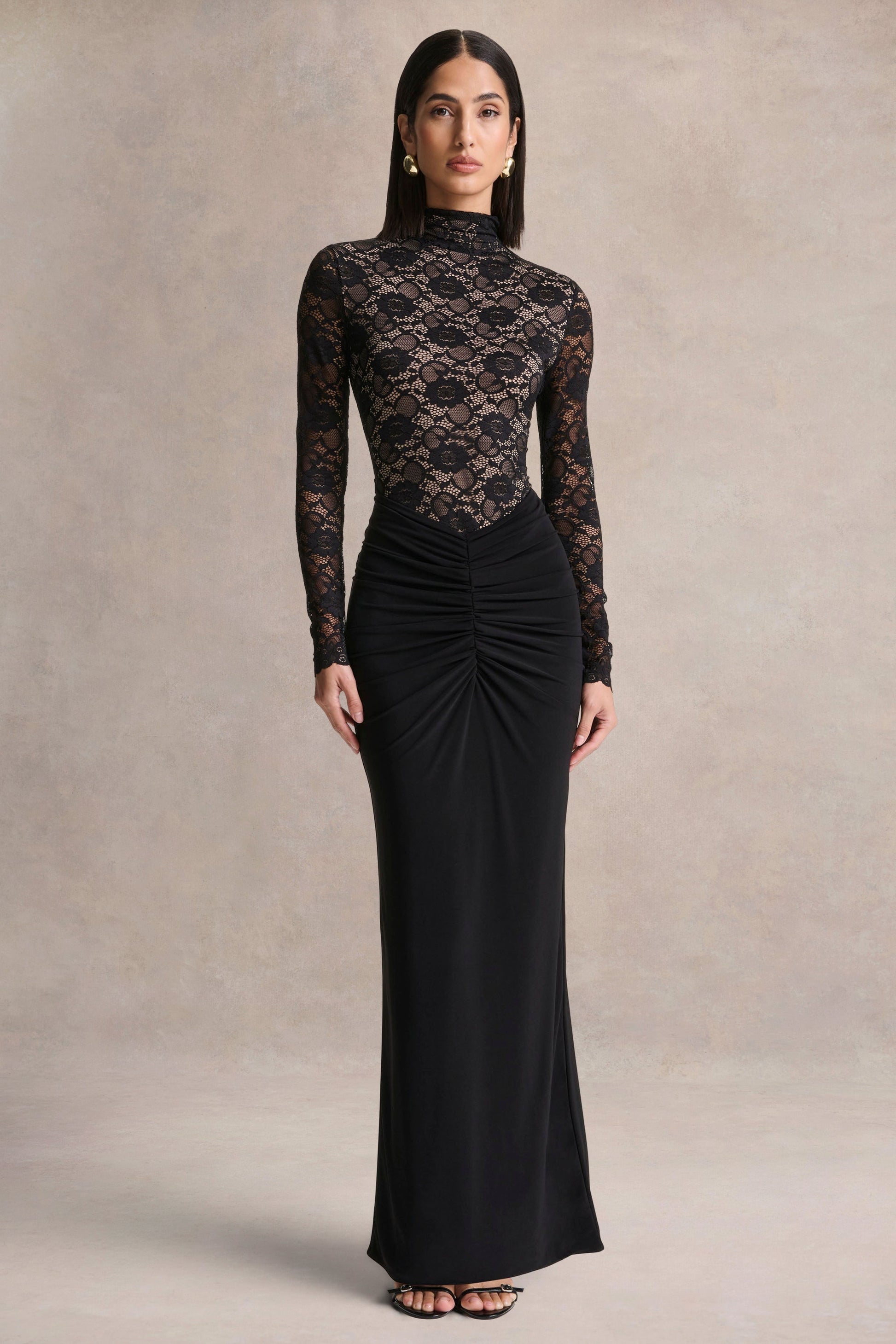 Justina | Black High-Neck Maxi Dress With Gathered-Detailing