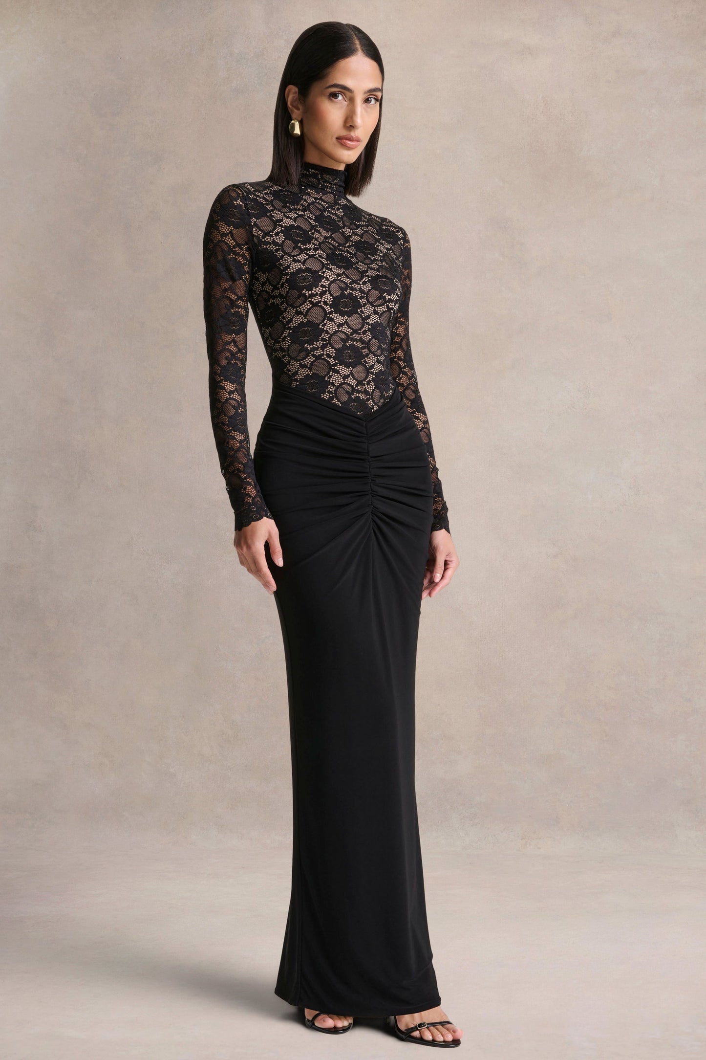 Justina | Black High-Neck Maxi Dress With Gathered-Detailing