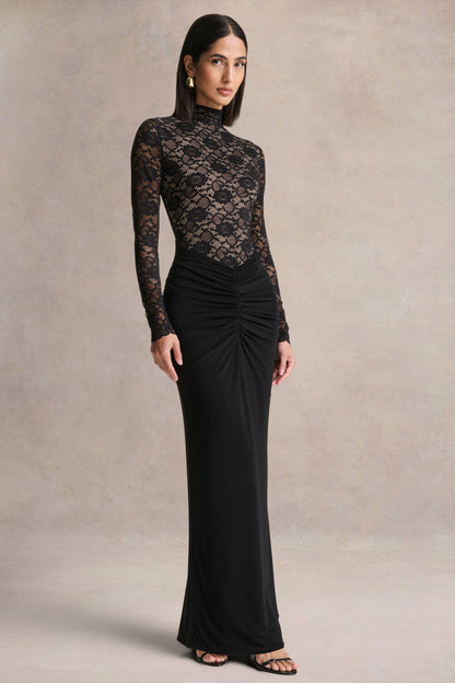 Justina | Black High-Neck Maxi Dress With Gathered-Detailing