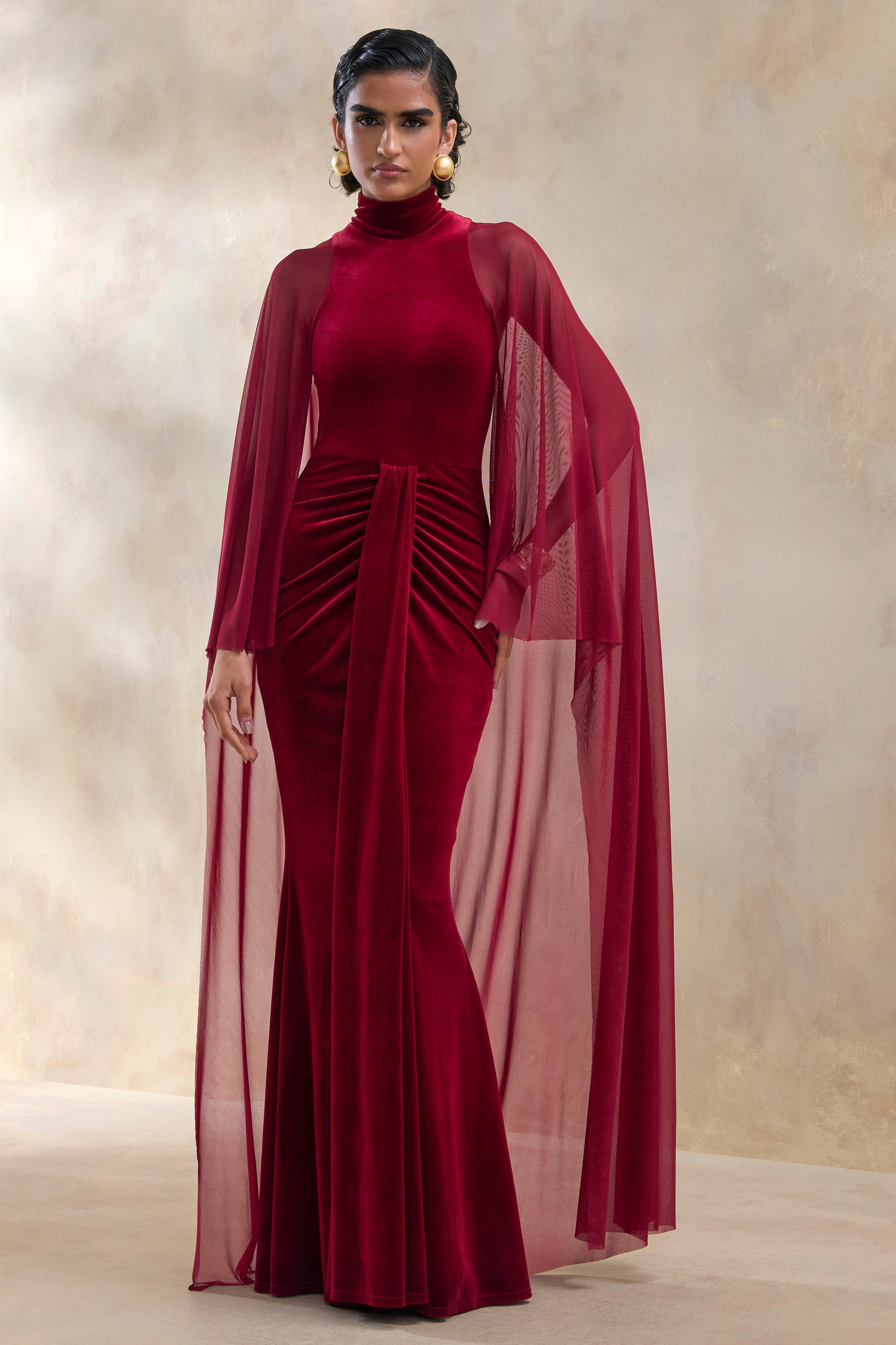 Adoring | Burgundy Velvet High-Neck Maxi Dress With Cape