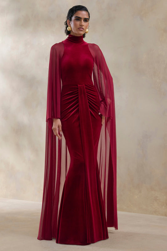 Adoring | Burgundy Velvet High-Neck Maxi Dress With Cape
