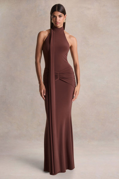 Hyla | Brown High-Neck Maxi Dress With Sash-Detail