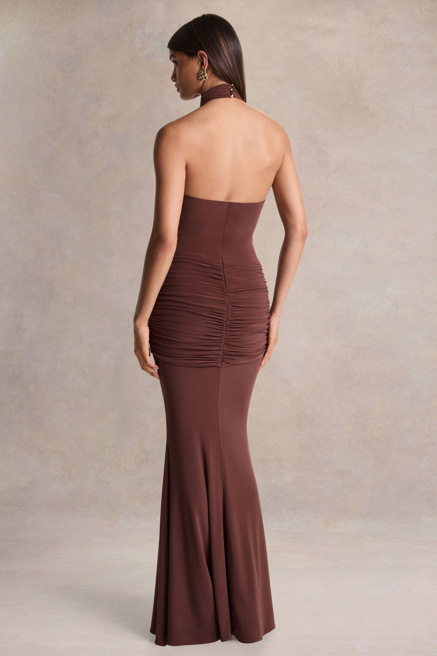 Hyla | Brown High-Neck Maxi Dress With Sash-Detail