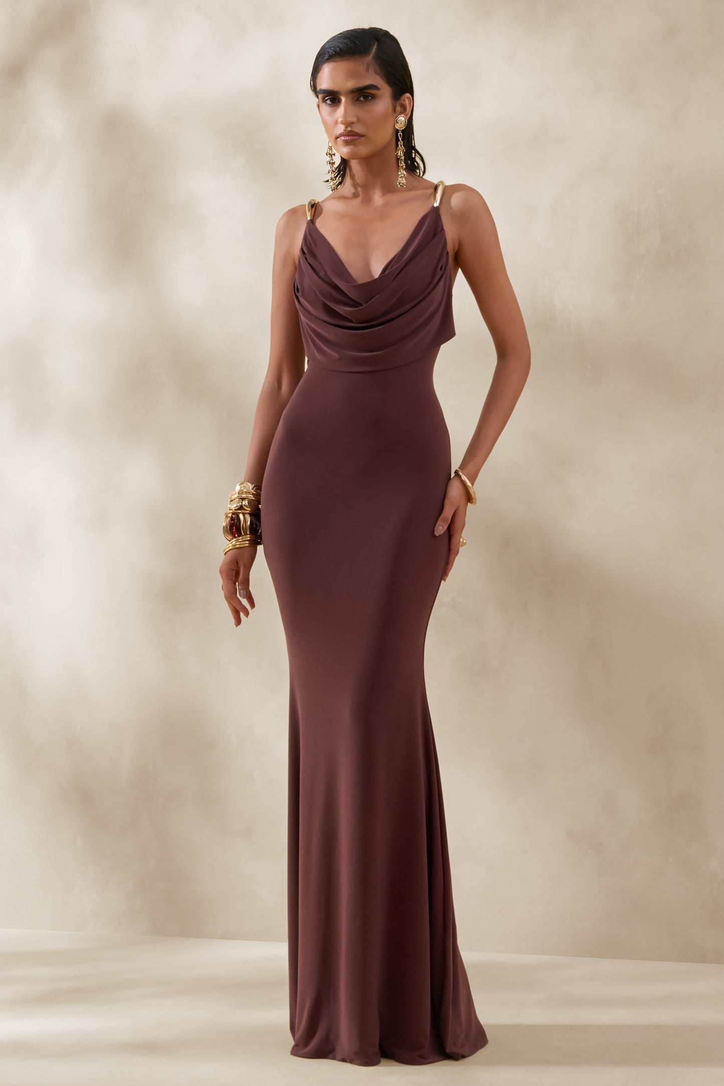 Iridessa | Brown Plunge-Neck Maxi Dress