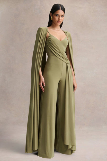 Labina | Green Plunge-Neck Jumpsuit With Cape-Sleeves