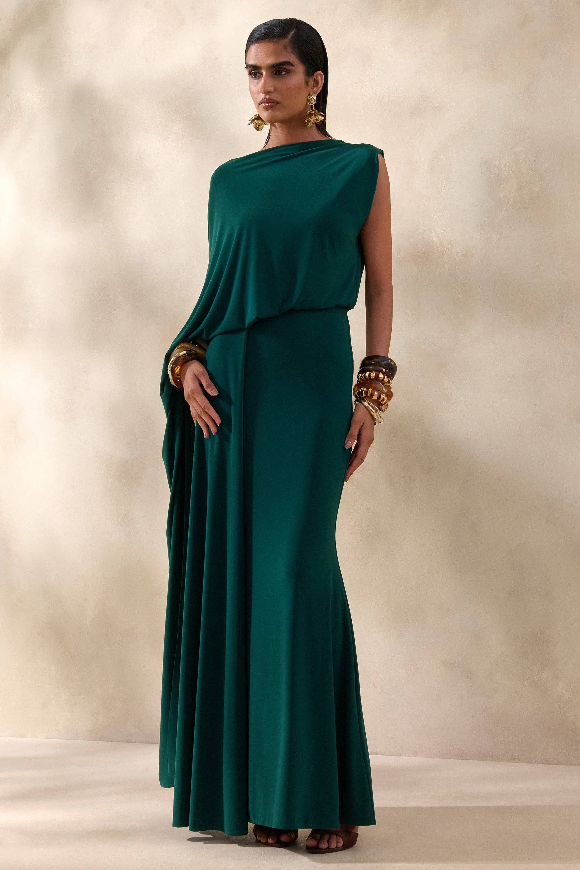 Carenza | Dark Green Wide-Neck Maxi Dress With Cape-Sleeve