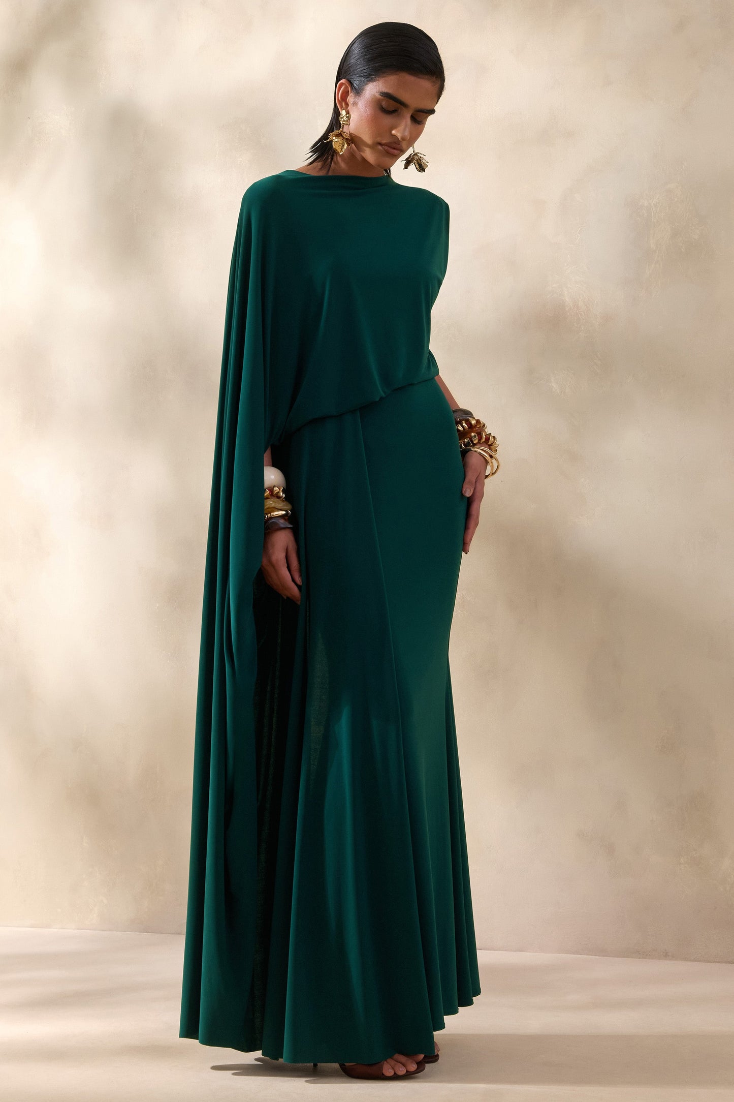 Carenza | Dark Green Wide-Neck Maxi Dress With Cape-Sleeve