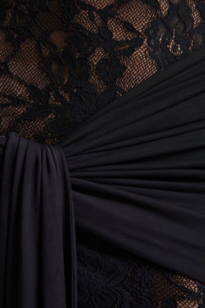Akira | Black Sheer Lace Maxi Dress With Sash-Detail