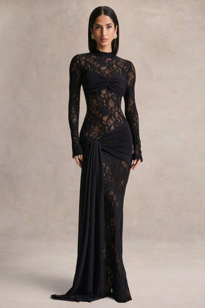 Akira | Black Sheer Lace Maxi Dress With Sash-Detail